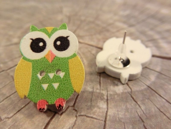 Preview: Eulen Knopf Ohrstecker Holz Uhu Owl